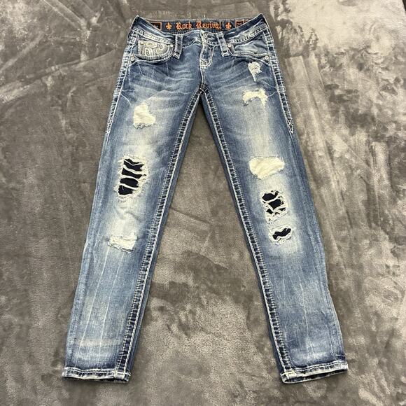 Rock Revival Jeans Women’s 25 Blue Destroyed SUNDEE "R" Flap Ankle Skinny - Picture 1 of 12